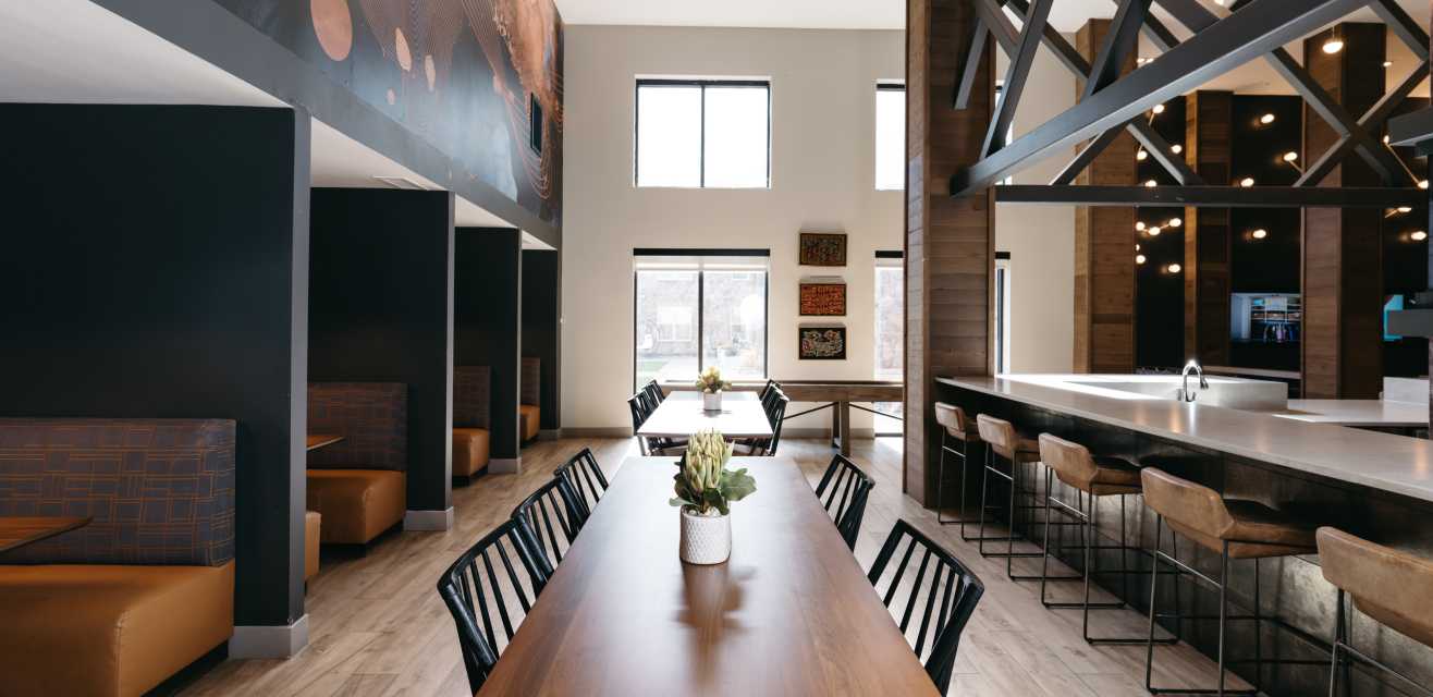 A community area with booths and seating